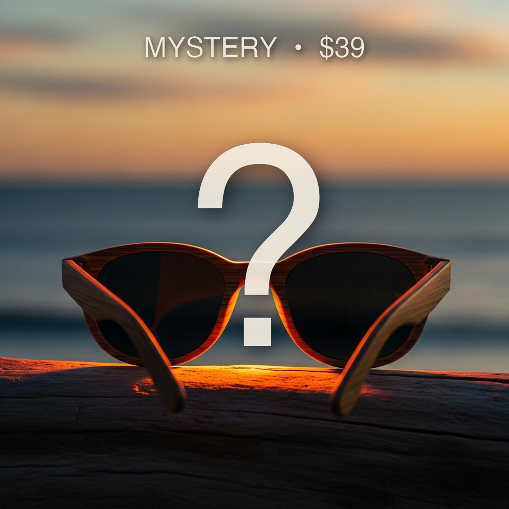 Mystery Sunglass: Cali Life polarized wood frame, sunset on the California coast, one polarized frame from our $89 to $170 collection