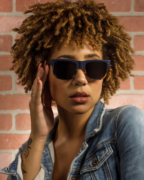 Anza Borrego Polarized Walnut Wood Sunglasses worn by a customer model