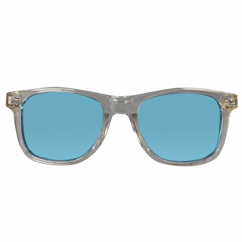 Malibu sunglasses front view, clear acetate frame with turquoise polarized lenses, Cali Life Co