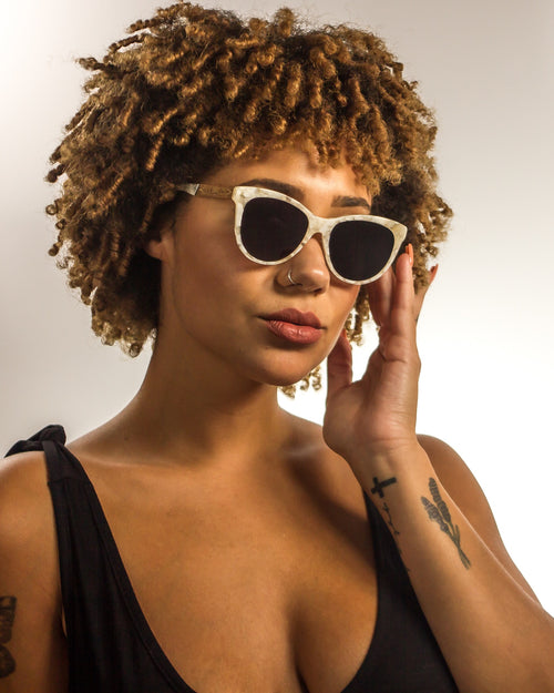 Venice Polarized Round Acetate + Wood Sunglasses worn by a customer model
