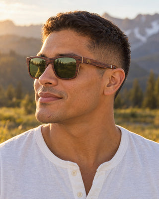 Kings Canyon polarized sunglasses worn by a man at a high meadow in Kings Canyon at golden hour