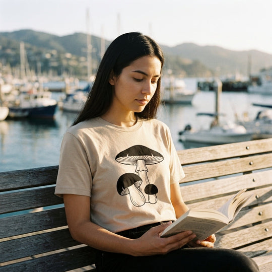 Mushroom Line Trio Tee — Women's back view. Cali Life Co. California apparel, designed in San Diego