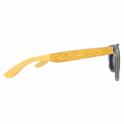 Malibu side profile, clear acetate front with bamboo wood temple and bear etching, Cali Life Co