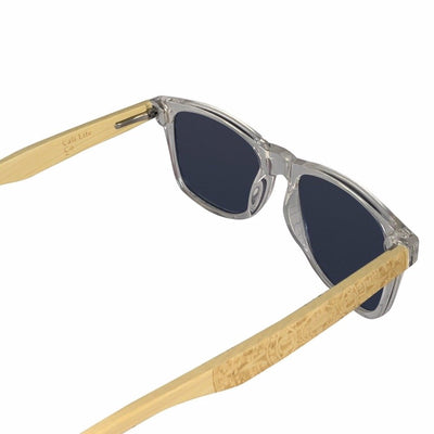Malibu rear view of clear acetate front and bamboo wood temples with Cali Life Co engraving