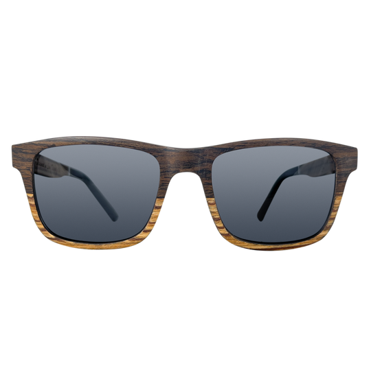 Joshua Tree polarized UV400 sunglasses by Cali Life Co, front view showing layered walnut and black oak frame and lens detail